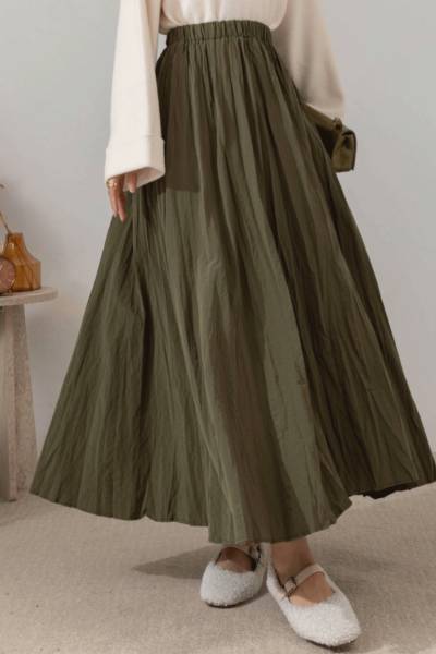 Beli Lastikli Kırışık Kumaş Etek - Haki