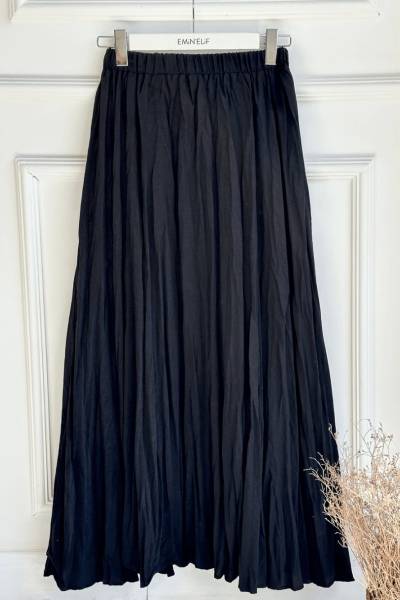 Beli Lastikli Kırışık Kumaş Etek - Siyah