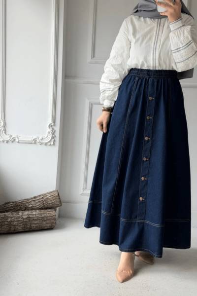 Beli Lastikli Kot Etek - Lacivert