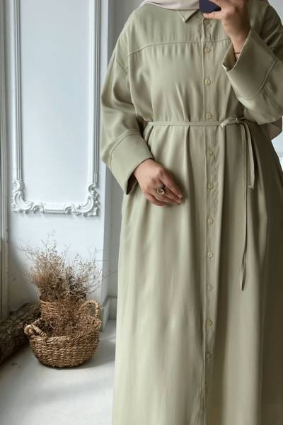 Boydan Düğmeli Giy Çık Ferace- Çağla Yeşili