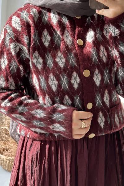 Cepli Ekose Hırka - Bordo