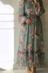 Çiçek Desenli Şifon Elbise - Mint Yeşili