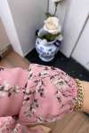 Çiçek Desenli Kemerli Elbise - Pudra