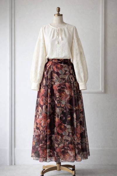 Çiçek Desenli Etek - Mürdüm