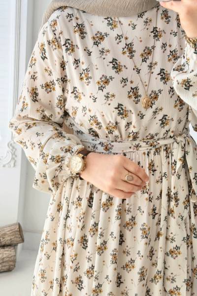 Çiçek Desenli Kuşaklı Elbise - Bej