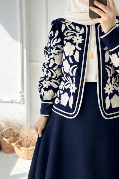 Çiçek İşlemeli Ceket - Lacivert