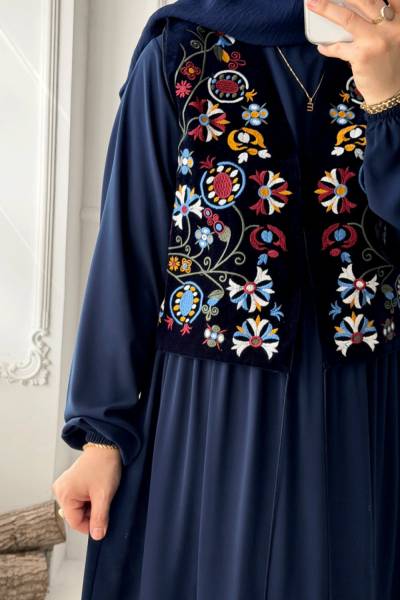 Çiçek İşlemeli Kısa Yelek - Koyu Lacivert