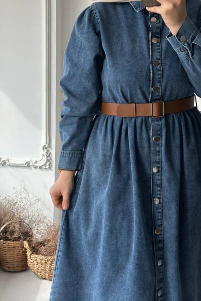 Çıtçıtlı Kemerli Kot Elbise - Açık Mavi