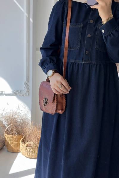 Düğme Detaylı Kot Elbise - Koyu Lacivert