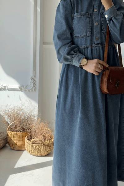 Düğme Detaylı Kot Elbise - Açık Mavi