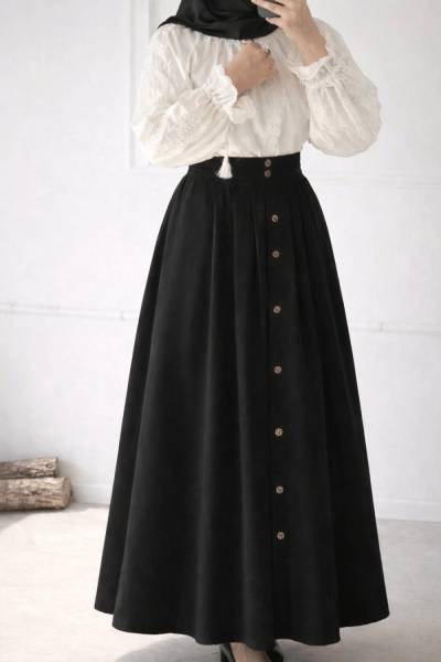 Düğme Detaylı Gabardin Etek - Siyah