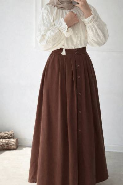 Düğme Detaylı Gabardin Etek - Kahverengi