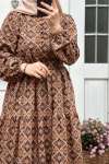 Düğmeli Etnik Desen Elbise - Kahverengi