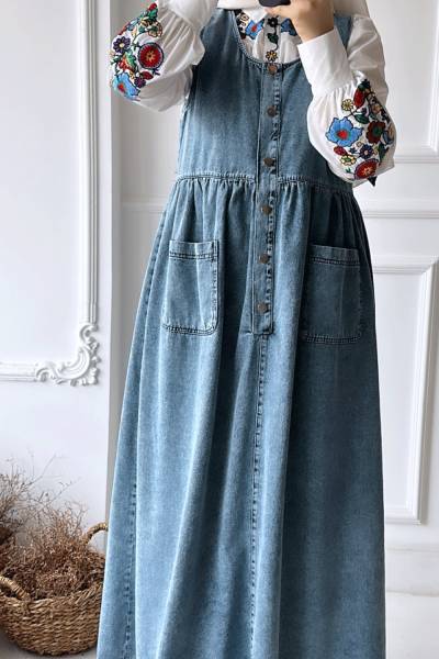 Düğmeli Kot Jile - Açık Mavi