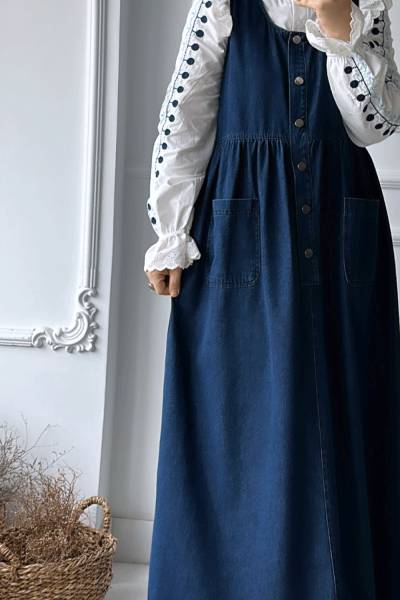 Düğmeli Kot Jile - Koyu Lacivert