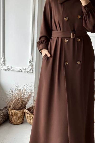 Düğmeli Trençkot - Kahverengi