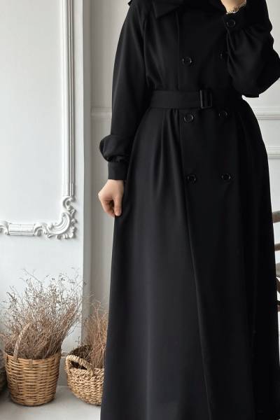 Düğmeli Trençkot - Siyah