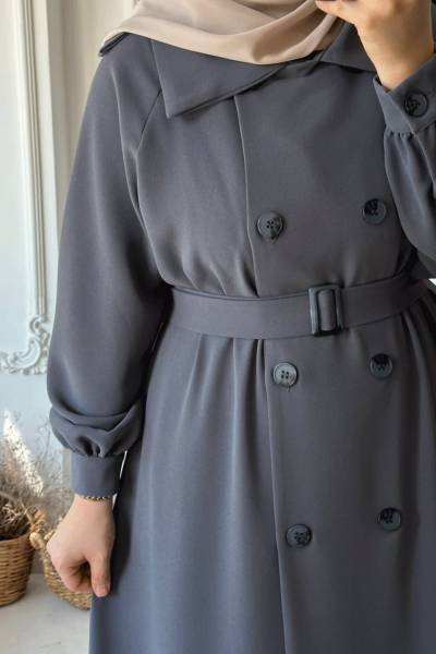 Düğmeli Trençkot - Gri