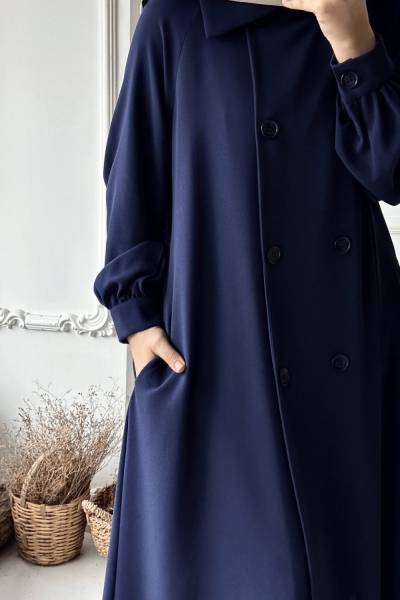 Düğmeli Trençkot - Koyu Lacivert