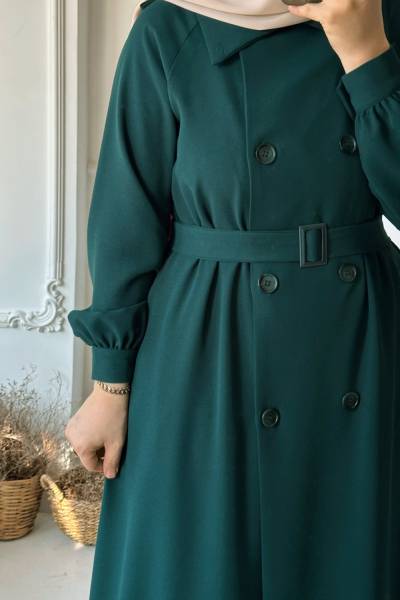 Düğmeli Trençkot - Zümrüt Yeşili