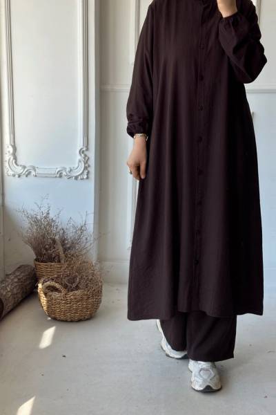 Düğmeli Uzun Pantolon Takım - Acı Kahve