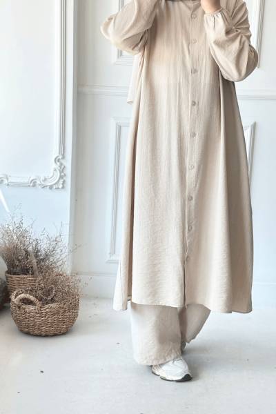 Düğmeli Uzun Pantolon Takım - Krem