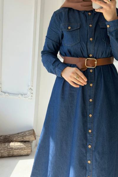 Düğmeli Kot Elbise - Lacivert