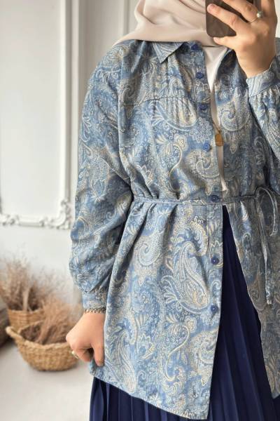 Etnik Desen Bağcıklı Tunik - İndigo