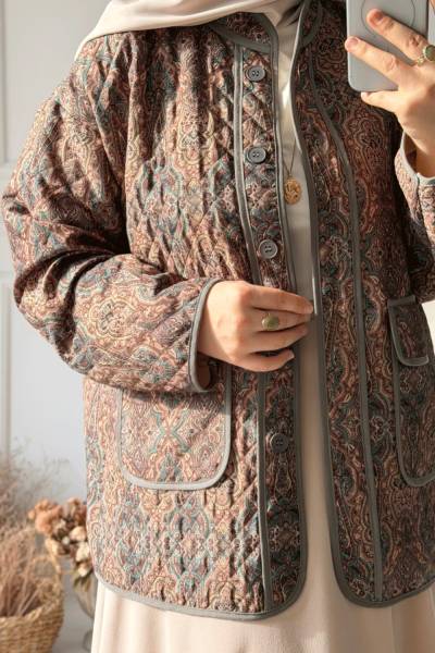 Etnik Desen Kapitone Ceket - Yeşil