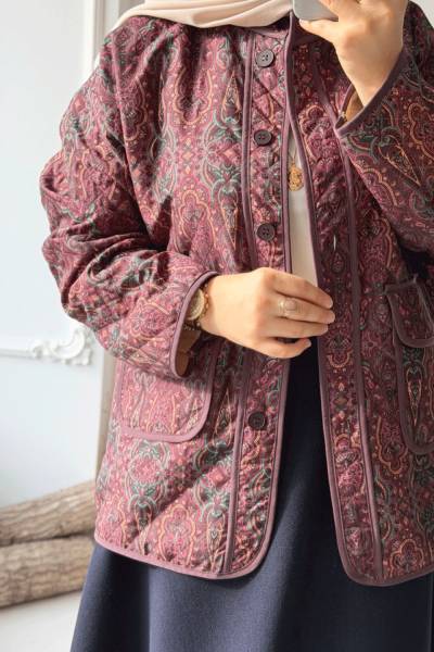 Etnik Desen Kapitone Ceket - Bordo
