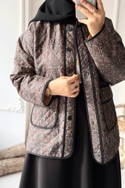 Etnik Desen Kapitone Ceket - Gri