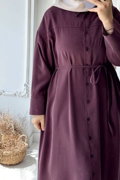 Boydan Düğmeli Giy Çık Ferace - Mürdüm