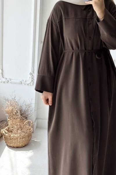 Boydan Düğmeli Giy Çık Ferace - Kahverengi