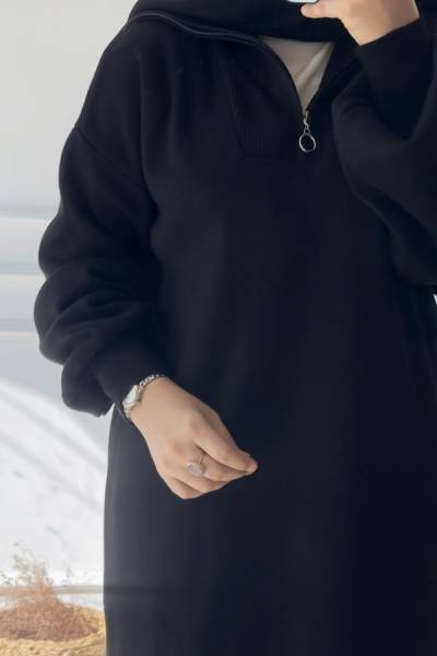 Fermuarlı Triko Elbise - Siyah