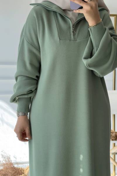 Fermuarlı Triko Elbise - Çağla Yeşili