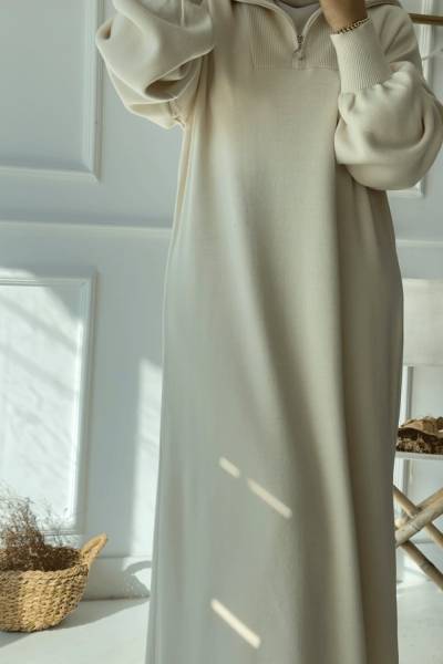 Fermuarlı Triko Elbise - Krem