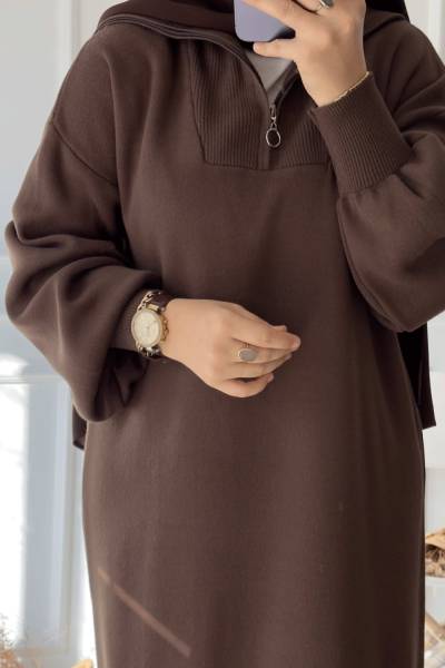 Fermuarlı Triko Elbise - Acı Kahve