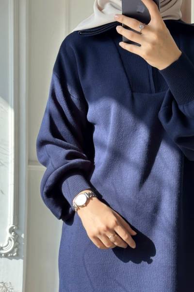 Fermuarlı Triko Elbise - Lacivert