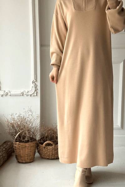 Fermuarlı Triko Elbise - Kum Beji
