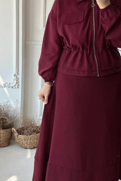 Fermuarlı Belden Ayarlanabilen Etekli Takım - Bordo