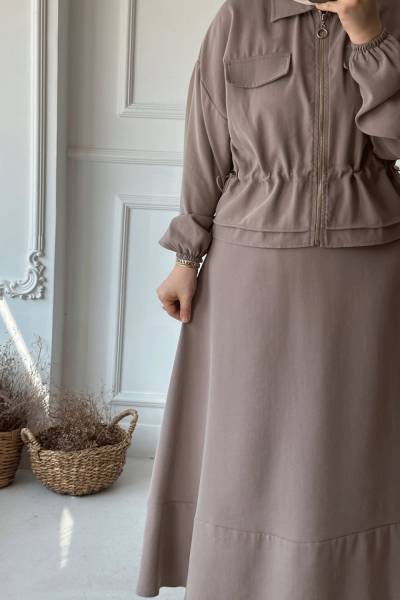 Fermuarlı Belden Ayarlanabilen Etekli Takım -Vizon