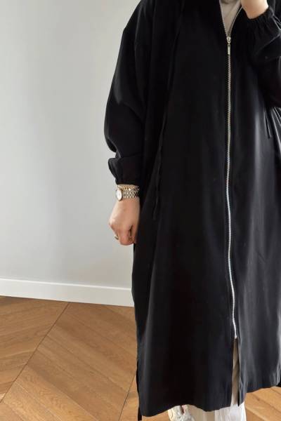 Fermuarlı Uzun Kap - Siyah