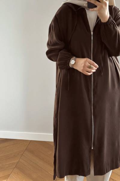 Fermuarlı Uzun Kap - Kahverengi