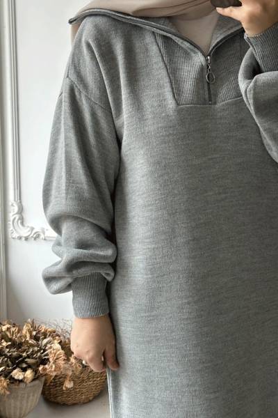 Fermuarlı Triko Elbise - Gri