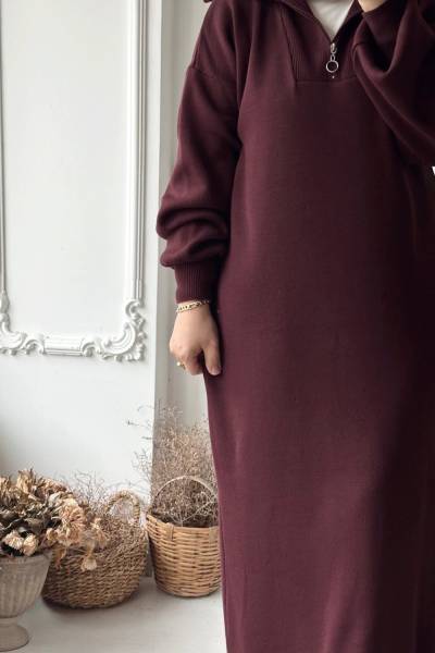 Fermuarlı Triko Elbise - Koyu Bordo