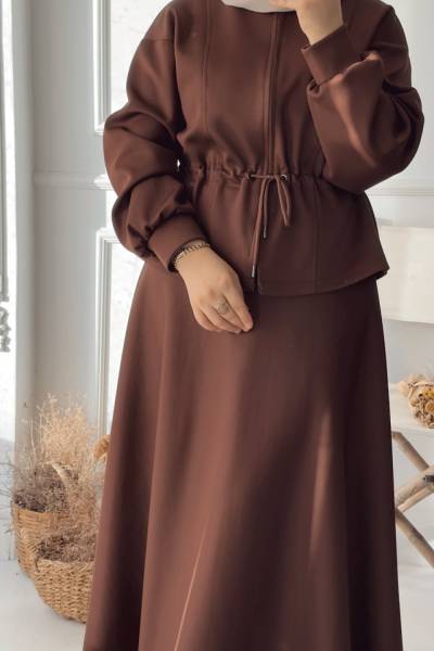 Fermuarlı Belden Ayarlanabilen Etekli Takım- Kahverengi