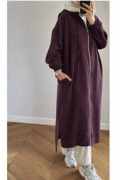 Fermuarlı Uzun Kap - Mürdüm