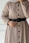 Fırfırlı Düğme Detay Elbise - Taş