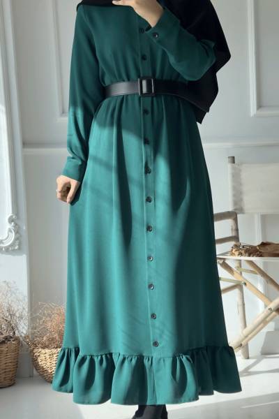 Fırfırlı Düğme Detay Elbise - Zümrüt