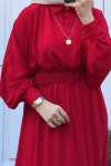 Gizli Düğmeli Kemerli Elbise- Kırmızı